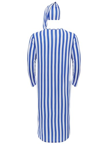 Men's Soft Loose Sleepwear Striped Long Sleeve Nightshirt with Sleeping Cap Pajama Set4