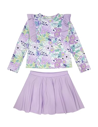 Image of Girls Rash Guard Swimsuit Set Long Sleeve 2 Pieces Bathing Suit Swimming Skirt with Shorts 4-13Y