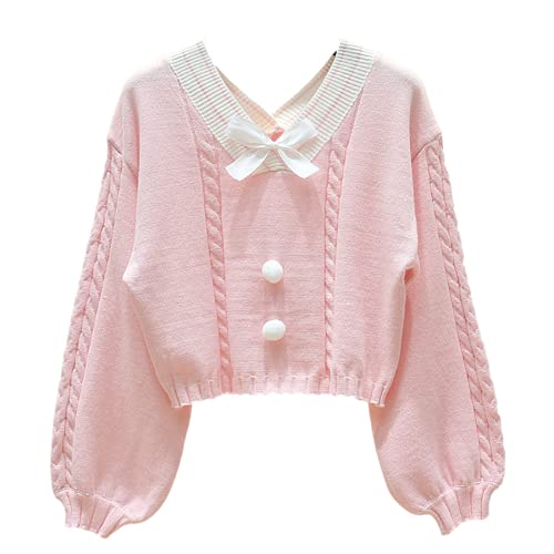 Findthy Women's Y2K Pullover Sweater Sweet Lantern Sleeve Bowtie Knit Crop Jumper Tops(0333-Pink-Onesize) #TOP24
