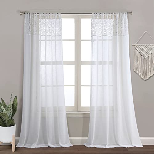 Bestripes Linen Sheer Curtains 96 Inches Long Boho Lace Top Tab Airy Semi-Sheer Curtain Panels For Living Room Bedroom (Set Of 2, 52 X 96 Inches, White) #TOP27