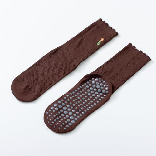Image of Verdancy Yoga Pilates Socks with Non-Slip Grips Ruffle Trim Tulip Embroidered Cushioned Crew Socks for Barre Ballet Dance