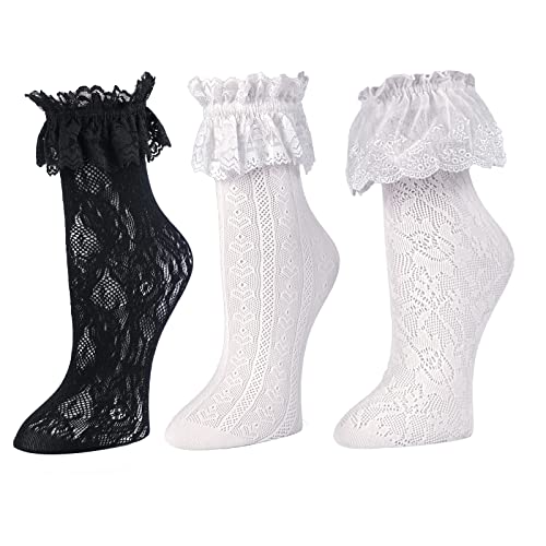 Rmsweetyil Lace Socks Women, Cute Sexy Lace Ruffle Frilly Ankle Socks (3 Pairs-2White+1Black) #TOP30