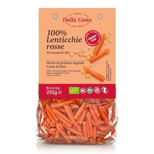 Dalla Costa Strozzapreti 100% Lentejas Rojas Sin Gluten Orgánico. Made in Italy. Paquete Ahorro 8x250 gramos