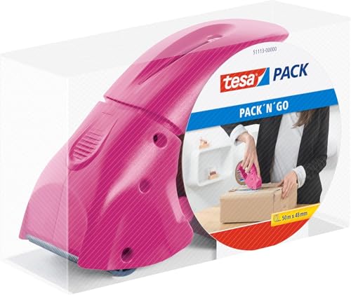 tesapack 64014 - Geräuscharmes Paketklebeband zum Verpacken von Paketen und Versandschachteln - transparent - 6 Rollen je 66m, 6er Pack & Abroller Pack' n' Go - Inklusive 50m x 48mm Klebeband