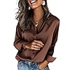 Zeagoo Women's Button-Down Long Sleeve Shirts Satin Blouses Silk Button Down Brown Tops
