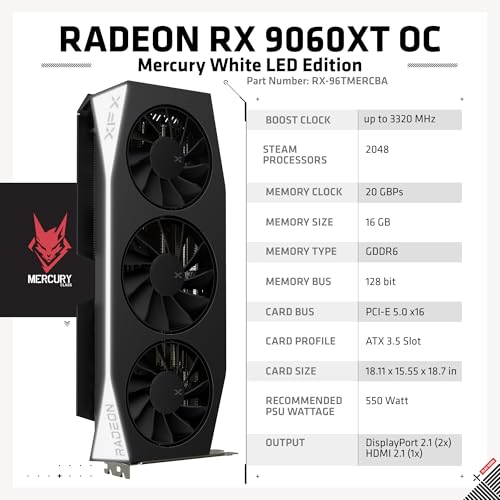 Image of XFX Mercury AMD Radeon RX 9060 XT OC Gaming Edition with 16GB GDDR6 HDMI 2xDP, AMD RDNA 4 RX 9060XT RX-96TMERCBA