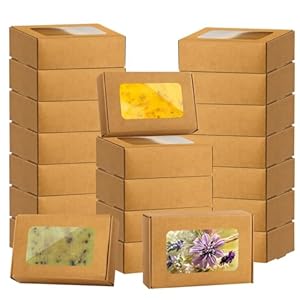 RYKOMO 40 PCS Soap Boxes for Homemade 3.55 x 2.4 x 1.2 Inch Small Soap Paper Box Mini Kraft Treat Box with Window for Homemade Soap Packaging Boxes Supplies