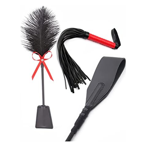 MALINERO Horse Leather Crop 18" Horse Red Faux Whip 18" Feather 15" Riding Set Feather Whip French Tickler Feather Tickler Whip for Couples Horse Whip Leather Riding Crop Leather Cover