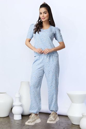 Image of POPWINGS Casual Printed Top and Joggers Set for Women || Stylish Summer Co-Ords Set for Women || Round-Neck Top and Joggers Combo Set for Women