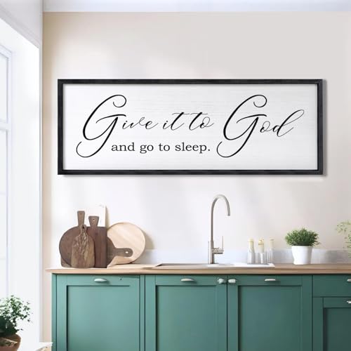 Give It To God And Go To Sleep Sign Wall Decor 32x12 Inch Large Farmhouse Master Bedroom Above Bed Hanging Wall Art Rustic Guest Room Wood Framed Over Bed Wall Decoration (Black)