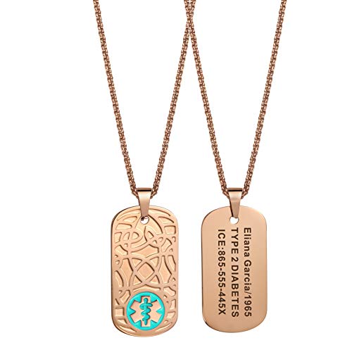MunsteryAid Customize Medical Alert Celtic knot Dog Tag Necklace with Free Engraving for Men Women, Stylish Personalized Emergency Identification ID Necklace,Rose Golden Color,4 Color Option (Blue)