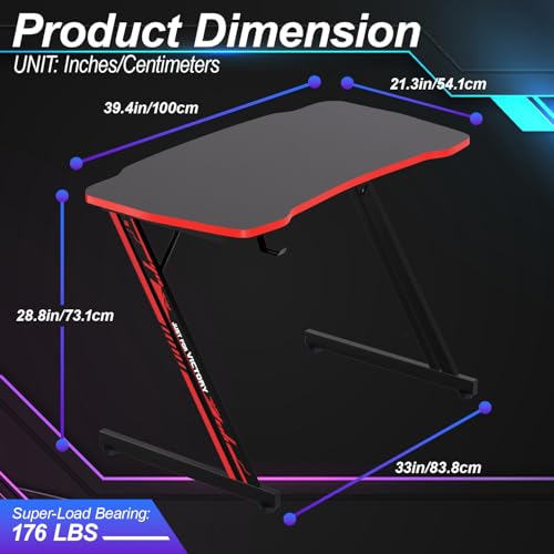 39 Inch Gaming Desk Ergonomic Home Office Desk Z-Shaped Computer Desk PC Workstation Modern Simple Study Table w/Headphone Hook Adjustable Leveling Foot Spacious Desktop,(Red) - Image 4