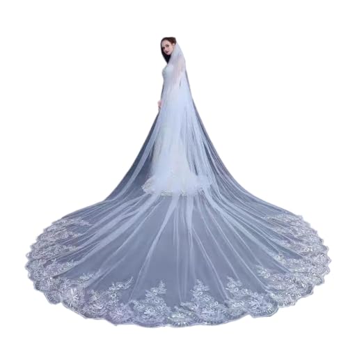 Velo de novia con encaje largo de una capa y lentejuelas elegantes con peine