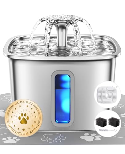 Image of Veken Innovation Award Winner Stainless Steel Cat Water Fountain, 108oz /3.2L Automatic Pet Fountain Dog Water Dispenser with 2 PP Housing Replacement Filters & Silicone Mat for Cats, Dogs (Silver)