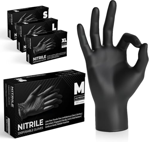 The Real Touch Einweghandschuhe, Schwarze Nitrilhandschuhe - 100 Stück Handschuhe, Puderfrei & Latexfrei Handschuhe Einweg, Einmalhandschuhe für Küche, Reinigung, und Medizin