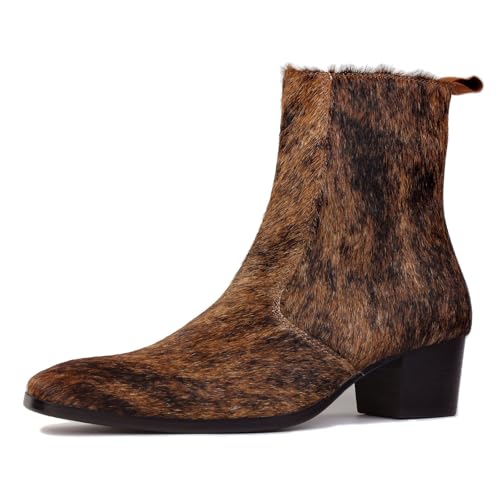 OSSTONE Men Chelsea Ankle Boots Leather Pony Hair Chukka Boots with Side Zipper Heel Dress Boots OS-JY021-D-R Wild Brown