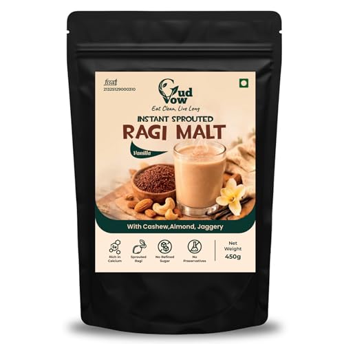 Image of GudVow Instant Sprouted Ragi Malt 450g | Nutritious & Delicious Instant Drink Mix | Natural, No Preservatives | High Calcium & Iron | Ready in 2 Minutes, No Added Sugar | Healthy Millet Drink