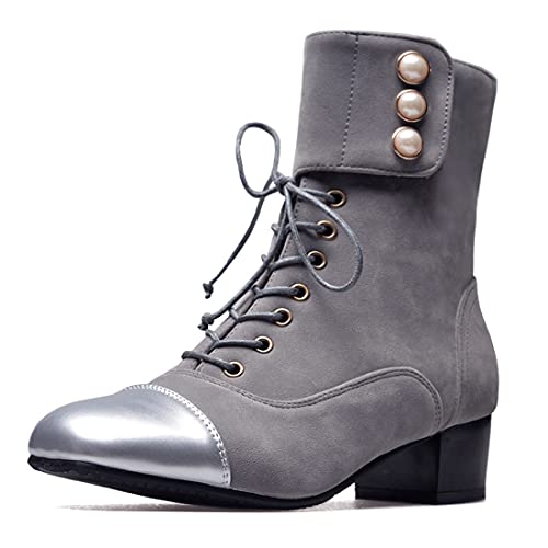 VOKLIN Women's Square Toe Lace Up Dressy Ankle Boots Block Low Heel Velvet Lined Western Dress Short Booties