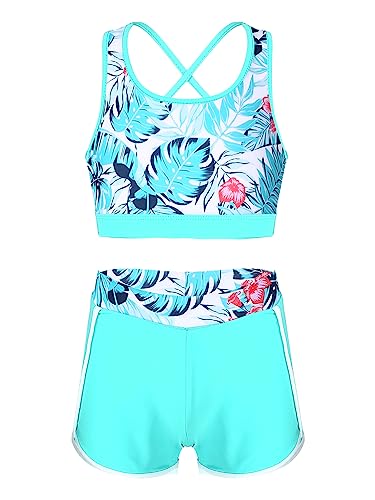 Kids Girls 2 Piece Tankini Set Crop Top with Shorts Swimsuit Tracksuit for Gymnastics/Sports/Dance/Swimming
