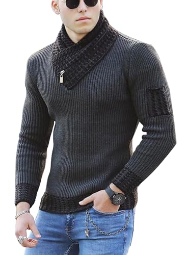 yoeasy Men's Turtleneck Zipper Twisted Knitted Pullover Sweater Slim Fit Ribbed Long Sleeve Sweater Tops