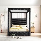 Woodpecker's Inc Velvet Canopy Bed Queen - Upholstered Bed with Speakers & USB Ports - Luxurious Bedroom Furniture Black