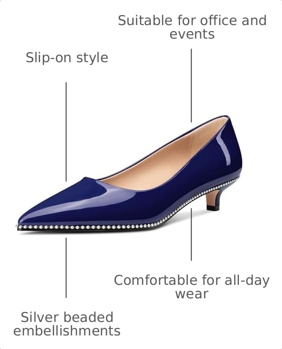 Image of Aachcol Womens Low Heel Pointed Toe Pumps Silver Beaded Kitten Heels Slip-on Comfortable Office Dress Shoes 1.4 Inches Heels