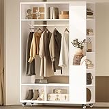 IRONCK Closet Racks on Wheels with Mirror and 10 Shelves, Movable Freestanding Wooden Closet Garment Rack with Hang Rod, White