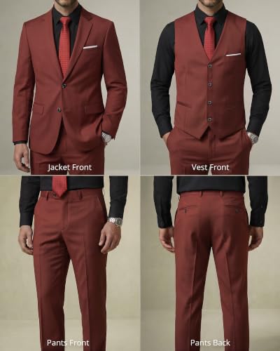 Image of YND Men's 3 Piece Suit with Tie, Solid Color Slim Fit Jacket Vest and Pants