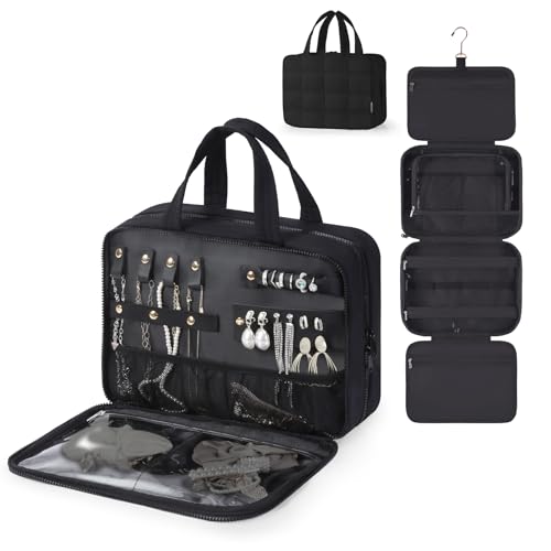 WOOMADA Travel Toiletry Bag with Jewelry Organizer, Puffy Hanging Toiletry Bag for Women, Large Makeup Cosmetic Bag for Travel Essentials, Black