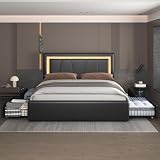 Benevika Queen Bed Frame with 4 Storage Drawers and Adjustable Headboard, Upholstered Platform Bed with LED Lights and USB Ports, Solid Wooden Slats Support, Faux Leather, Easy Assembly, Black