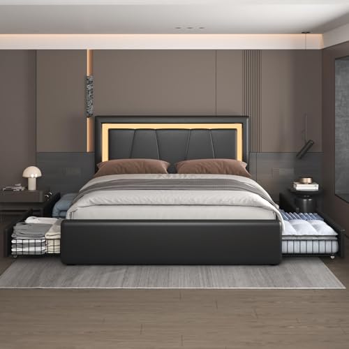 Queen Bed Frame with 4 Storage Drawers and Adjustable Headboard, Upholstered Platform Bed with LED Lights and USB Ports, Solid Wooden Slats Support, Faux Leather, Easy Assembly, Black