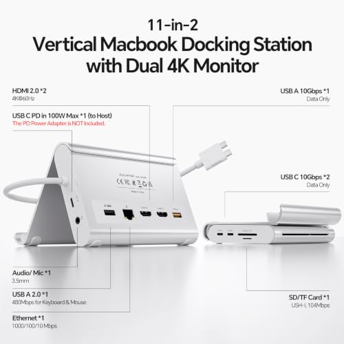 Image of USB C Docking Station Dual Monitor for MacBook Pro /Air, 11-in-1 MacBook Docking Station with Stand, 2X 4K@60Hz HDMI, 100W PD, Ethernet, SD /TF, 10Gbps USB A /C for M5 /M4 /M3 Pro /Max - Silver