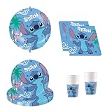Procos - Vajilla de fiesta Disney Stitch, decoración de cumpleaños de 37 piezas incluye 8 platos de papel, 8 vasos de papel, 20 servilletas y un globo de papel de aluminio