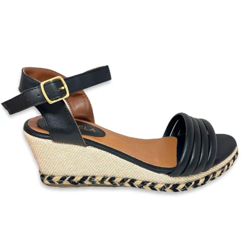 Sandália Feminina Anabela Preta Tiras e Corda (Preto, BR, Adulto, Numérico, 36)