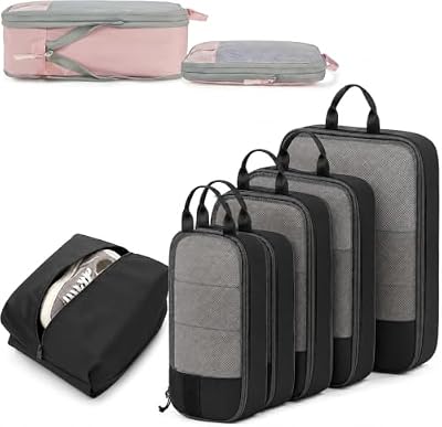 News - 6-Piece Expandable Space-Saving Packing Cubes, Compression Luggage Organizer Set with Shoe Bag and Laundry Bag, Space Saving Suitcase Organizer for Clothing (Black)