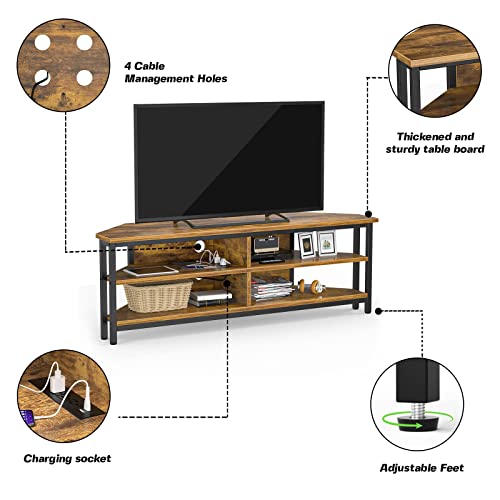 Unikito 55 Inch Corner Tv Stand With Power Outlet, Corner Entertainment Center Tv Media Console Table With 4 Open Storage Shelve For Living Room, Bedroom, Industrial 60'' Corner Tv Stand, Rustic Brown #TOP5