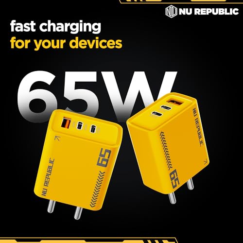 Image of Nu Republic Cybotron 65W GaN Superfast Wall Charger with Type-C to Type-C Cable, 65W Output (Yellow), Type-C and USB-A Enabled Smartphones, Tablets, laptops, and Other Electronics Gadgets