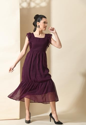 Image of IUGA Georgette Jacquard Butti Square Neck Knee Length Western Dresses for Women