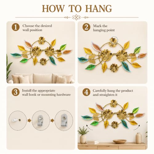Image of Framing Hub - Handcrafted Modern Floral Metal Wall Art Decorative Leaf Wall Hanging Home Decor for Living Room Bedroom Dining Room (50 x 22 Inch)
