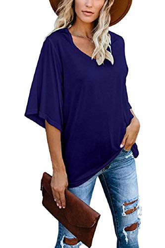 cordat Women Tops Plain Slim Fit Shirts Summer Clothes Solid Color Navy Blue