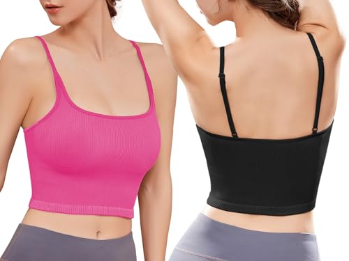 Image of Chilylori Seamless Sports Bra Cropped Tank Top with Adjustable Strap 2 Pack | Workout Tops Ribbed Sports Bra for Women Wireless Longline Crop Tank Padded Comfortable Brami