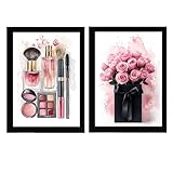 Nacnic Set de 2 Pósters de Maquillaje Cosméticos Flores Rosas Ilustración impresa para decorar las paredes del WC, Tocador, Baño, Vestidor, Salón A3 Sin Marco