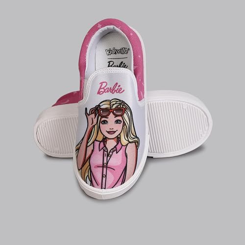 Image of Kidsville Official Barbie Printed Kids Girls Canvas Shoes - White | Lightweight Sole, Super Flexible, Comfortable Indoor and Outdoor Slip On Lofer Shoes for Kids