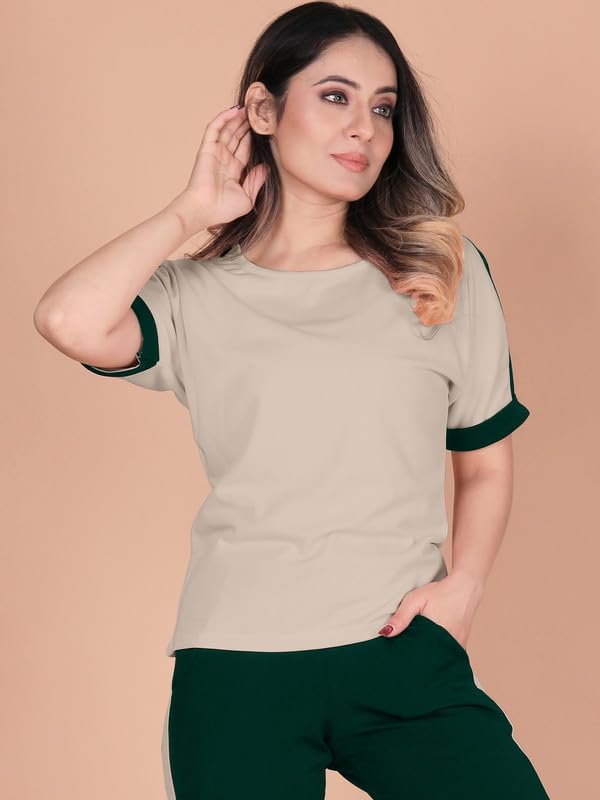Image of DTR FASHION Polyester Blend Shoulder Stripes Tracksuit | Night Wear Suit For Women