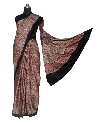Image of Ethnics of Kutch Womenss Ajrakh Modal Silk Natural Dye Hand Block Print Saree with Blouse Piece - 5.5 Mtr Length