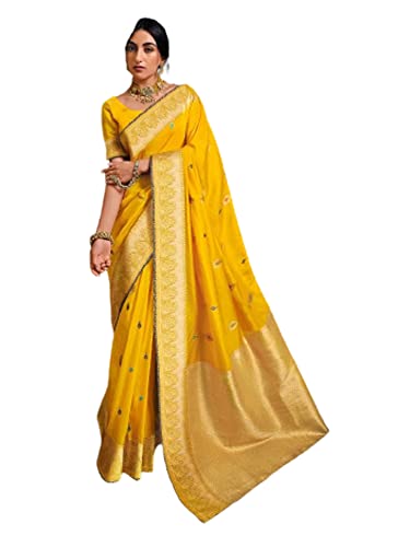 Sari traditionnel indien pour mariage modèle 3806 jaune fluide de 6.25m