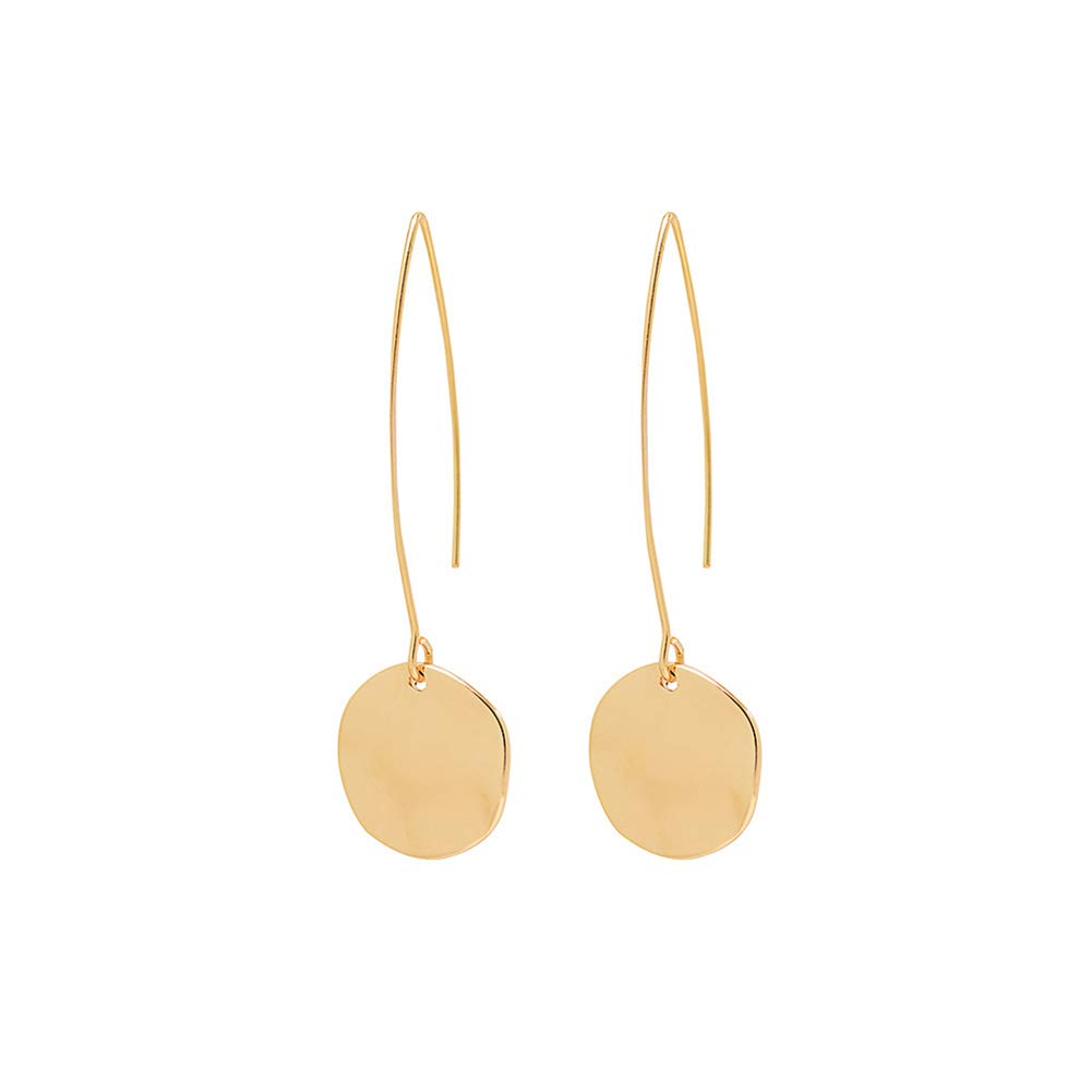 Just FollowShiny Hammering Circle Disc Small Dangle Drop Hanging Earrings Long Hoops Geometric Brushed Gold Round Filled Everyday Jewelry for Women and girl Gold Disc Earrings
