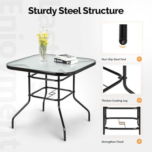 Image of VINGLI Glass Patio Table with Umbrella Hole, 32 inch Square Outdoor Dining Table Steel Tempered Glass Patio Tables Outdoor Tables for Balcony Garden Deck