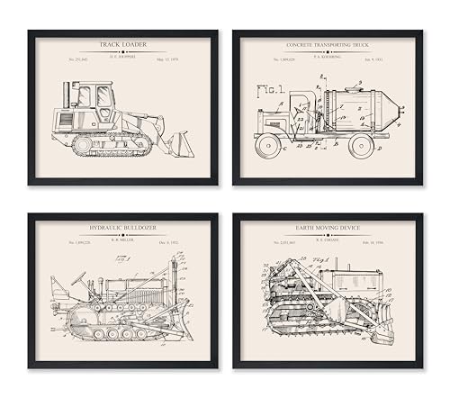 Monem Art 4-Piece Vintage Construction Blueprint Poster - Bulldozer Patent Print - Concrete Transporting Truck Art - Earth Moving Device Art - Office or Garage Wall Decor - 8x10 UNFRAMED Wall Art