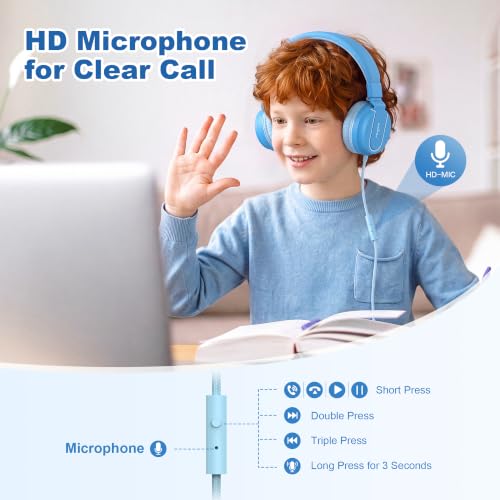 Image of AILIHEN I35 Kids Headphones for School with Mic, 93dB Safe Volume, Lakeblue | Wired On Ear Headphones for Girls Boys, 3.5mm Foldable Lightweight for Classroom Chromebook, Laptop, Computer, Tablet